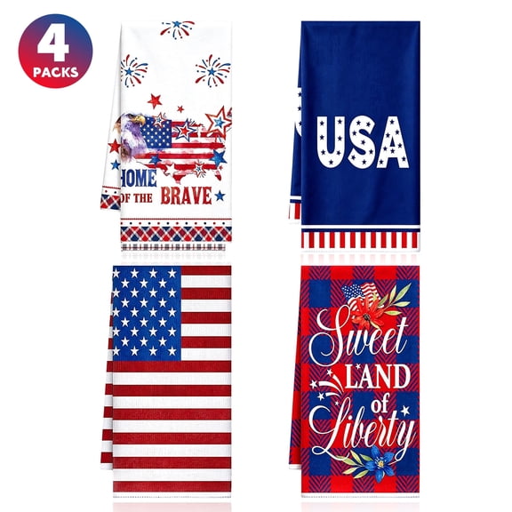 Godance 4 Pcs 4th of July Patriotic Kitchen Towels, 16 x 24 inch American Flag Stars Dish Towels - Red White Blue Independence Day Hand Towel 250th Anniversary for Kitchen Gifts Memorial Day Home