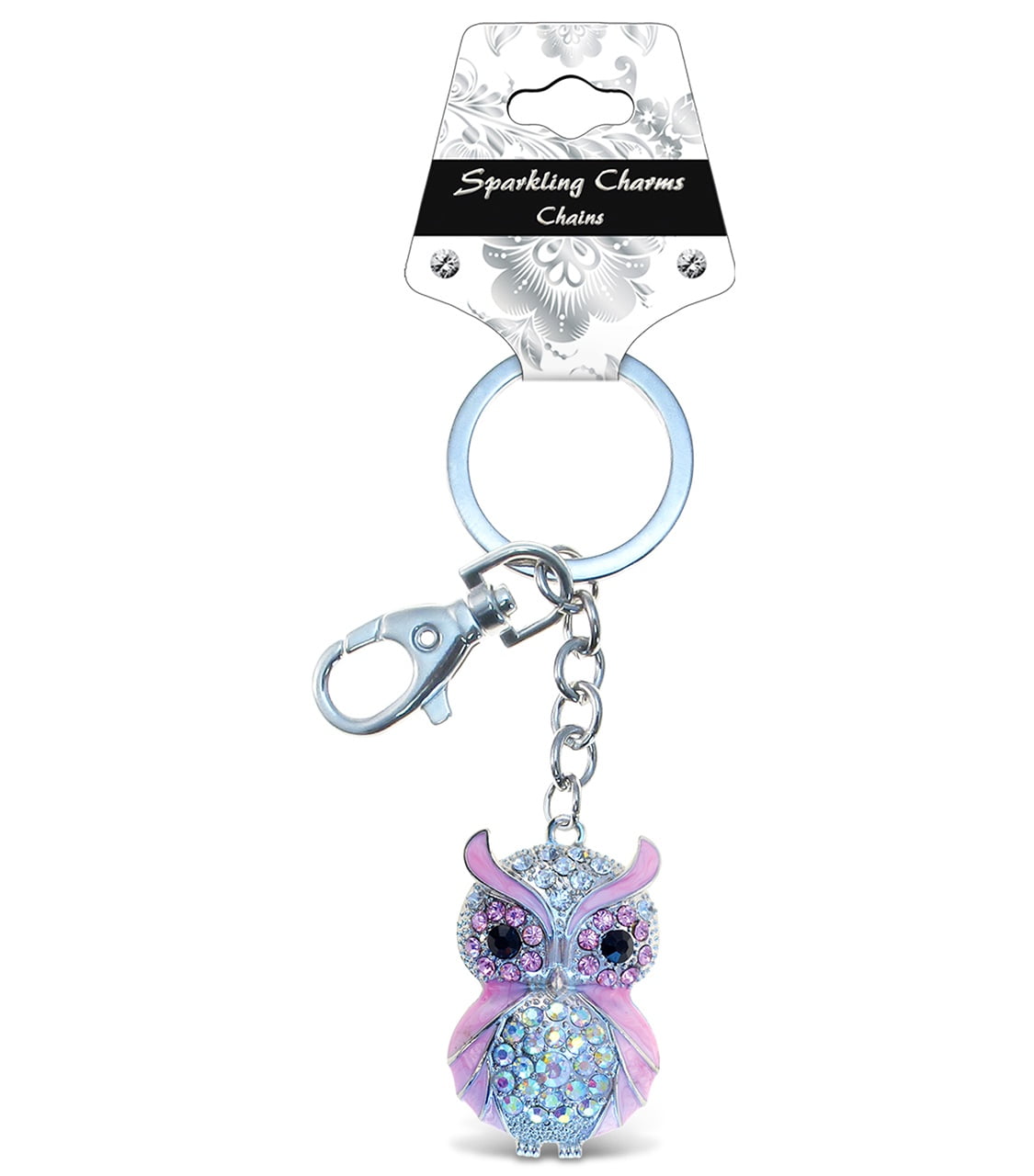  Aqua79 Clear Owl Keychain - Silver 3D Sparkling Charm