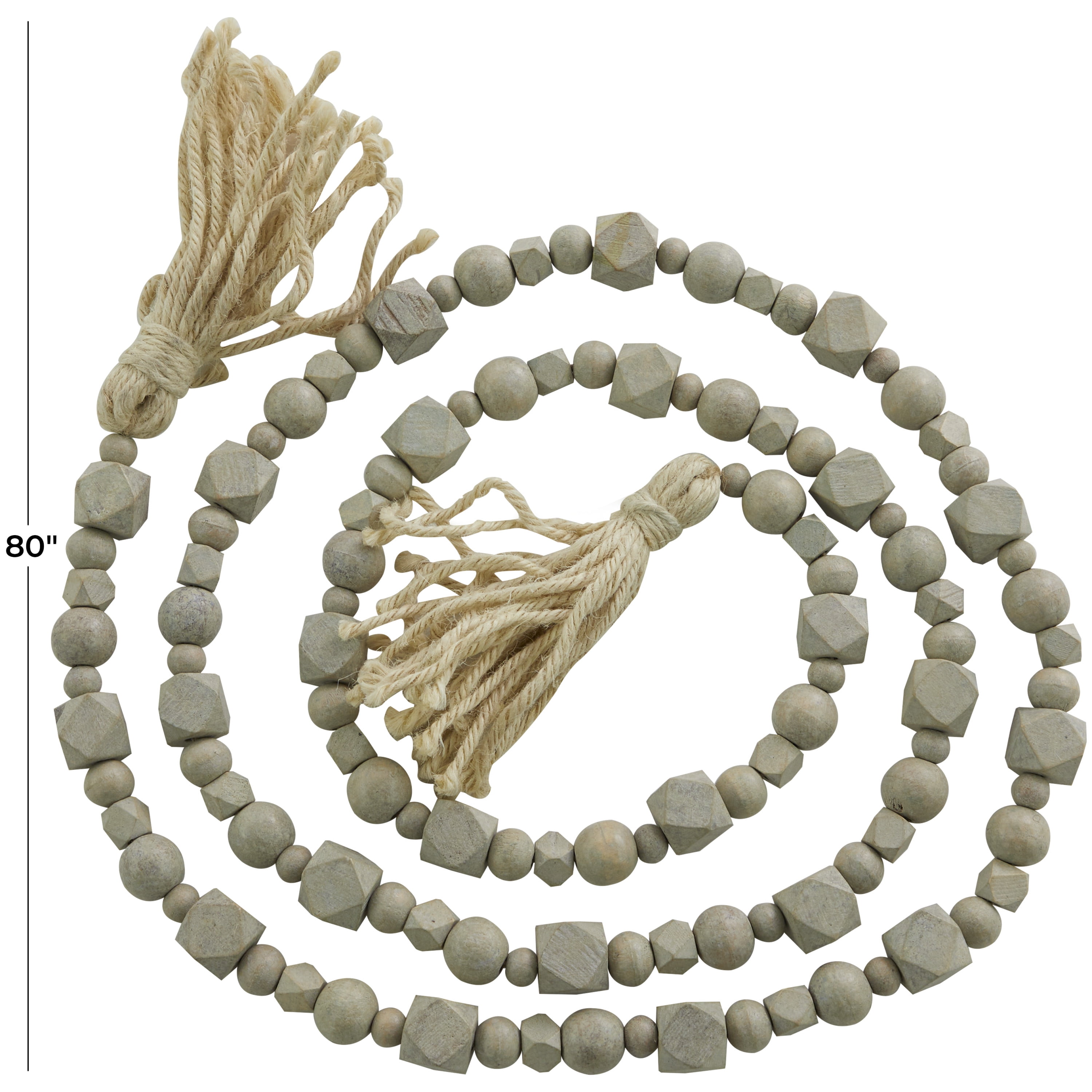 DecMode Gray Wood Bohemian Garland Décor with Geometric Bead Details and Cream Cotton Tassel, 81"L