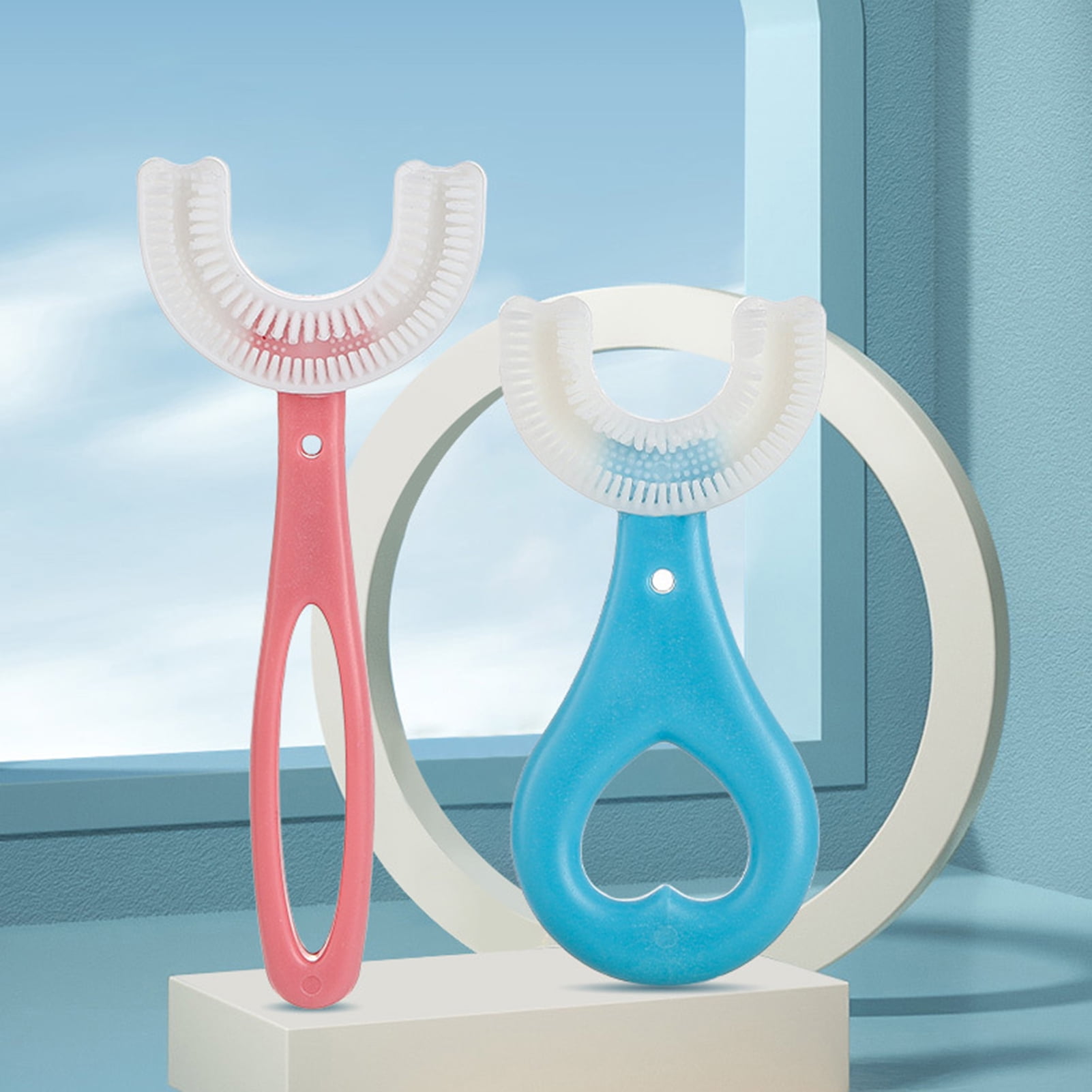 MyBeauty Children Toothbrush 360 Degree Teeth Clean Soft Fur Food Grade Material Baby U Shape Toothbrush for Home Blue Peach Heart