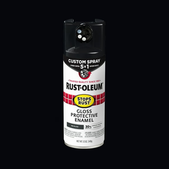 Ink Black, Rust-Oleum Stops Rust Custom Sprays 5 in 1 Gloss Spray Paint-380397, 12 oz