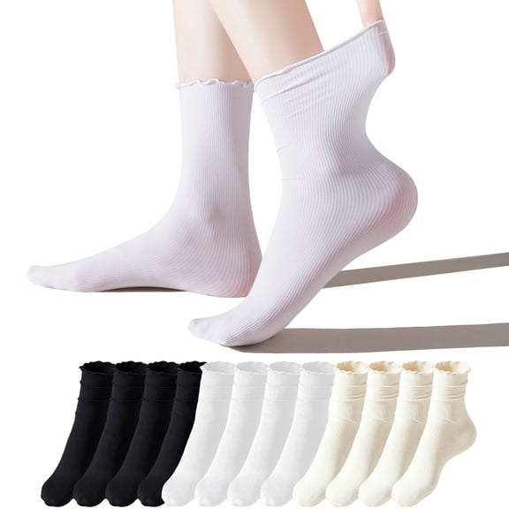 LDU Ruffle Socks for Women, Frilly Crew Socks, Black & White, 6Pairs