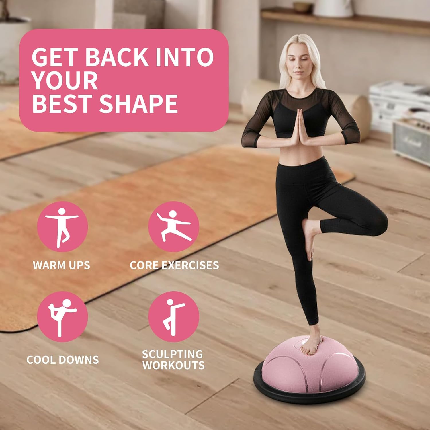 Semi-yoga ball, fitness stability ball, core stability training for home fitness, anti-slip equipment for training, sports equipment, setting fitness goals, weight loss and muscle building.