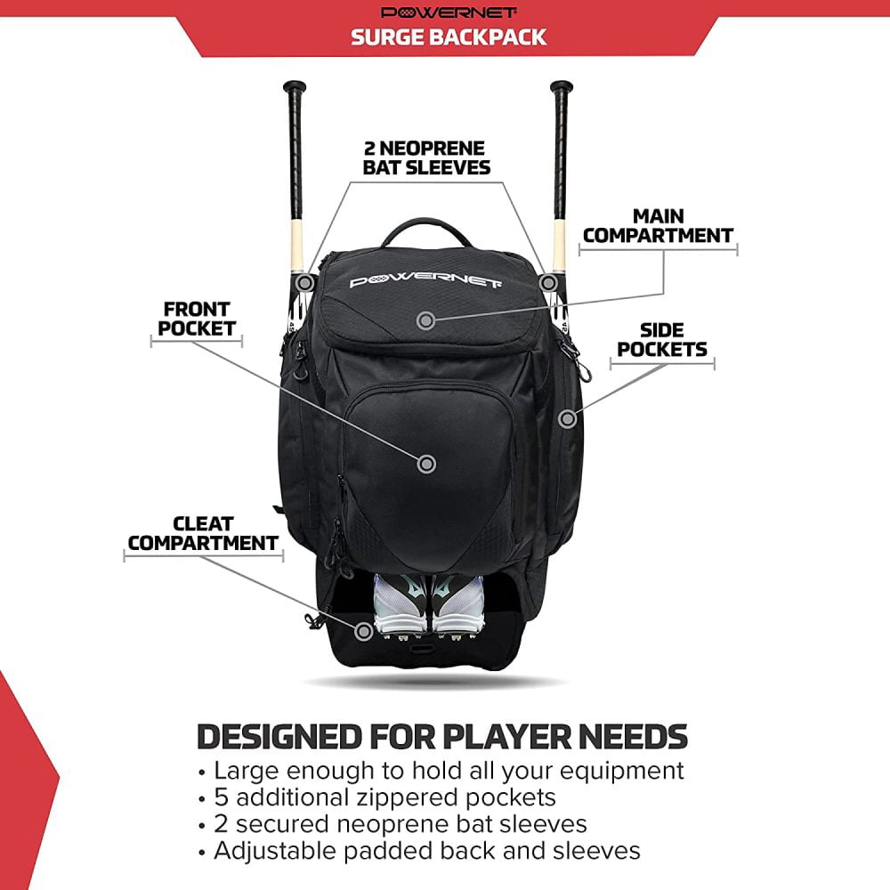 PowerNet Surge Baseball Softball Dual Bat and Equipment Backpack Bag |  Ventilated Cleat Shoe Compartment | 2 Zippered Cushioned Bat Sleeves |  Trolley 