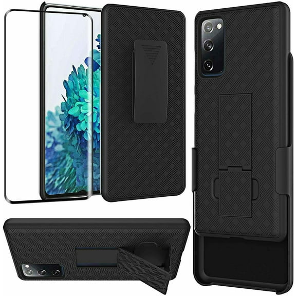 for Samsung Galaxy S20 FE 4G 5G with Temper Glass Holster Slim Case Heavy Duty Shock Absorption Kickstand Armor Case with Belt Swivel Clip Cover (Black)