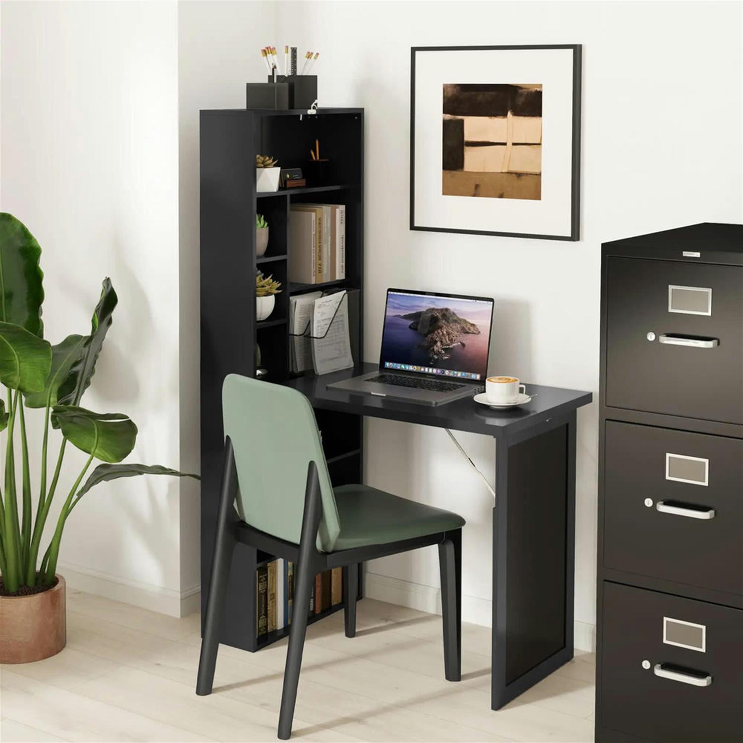 Demi Bonn Folding Computer Desk with Blackboard, Wall-Mounted Home Office, Desk with Side Shelf, Space-Saving, Black