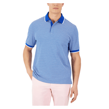 Club Room Mens Skinny Striped Pique Short Sleeve Polo Shirt, Blue, Medium