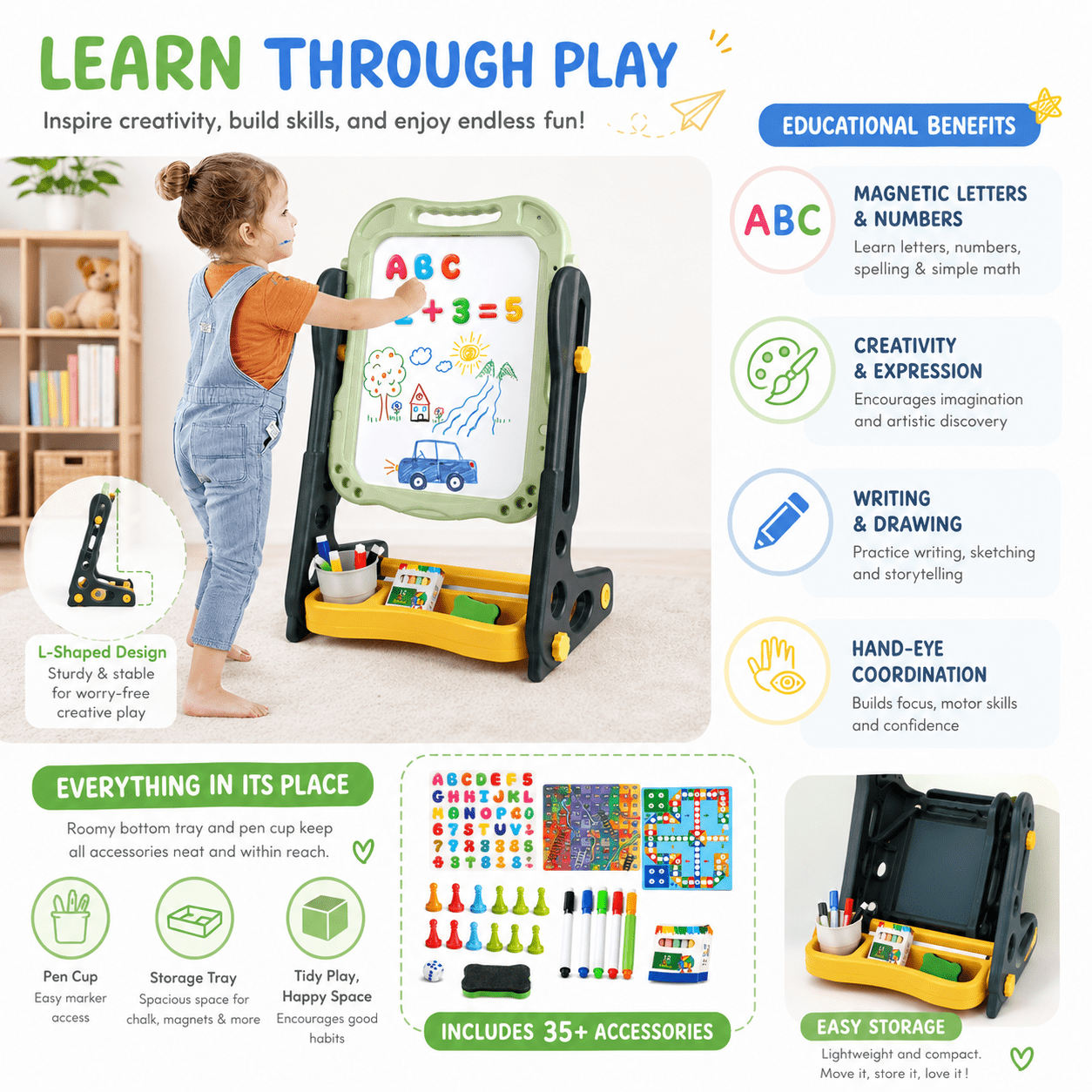 Huge Wave Easel for Toddlers, Double Sided Magnetic Drawing& Learning Board for Girls Boys 2-6 Years, Adjustable Height, Christmas Birthday Gifts for Kids