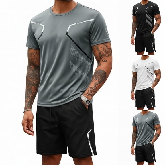Men’s Athletic Quick Dry Short Sleeve T-Shirt and Shorts Set Lightweight Breathable Sportswear for Fitness Running Training Gym Workout
