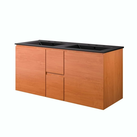 Wall Mount Double Sink Vanity Cabinet, Cherry Black, Melamine Wood , Hotel Bedroom Bathroom, Modern Contemporary HB34112