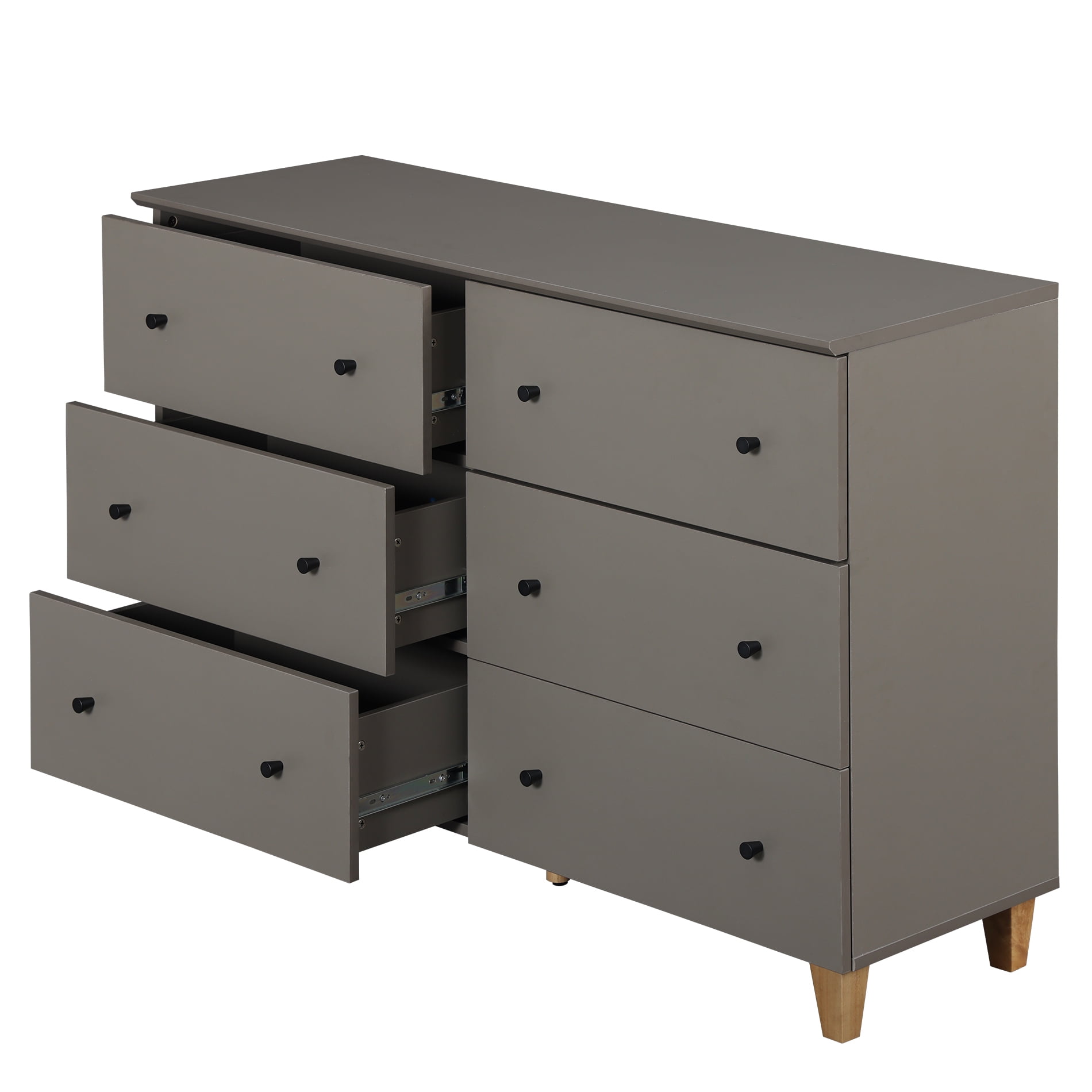WAMPAT Dresser with 6 Drawers for Bedroom, Modern Wood Wide Double Dressers with Chest of Drawers, Dark Grey