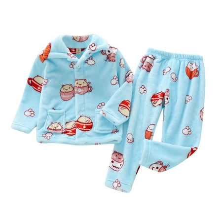 

Toddler Kids Baby Boys and Girls Autumn and Winter Fleece Sleepwear Outfits Cute Cartoon Print Flannel Lapel Button Top Pants Pajamas Children s Casual Warm Home Wear