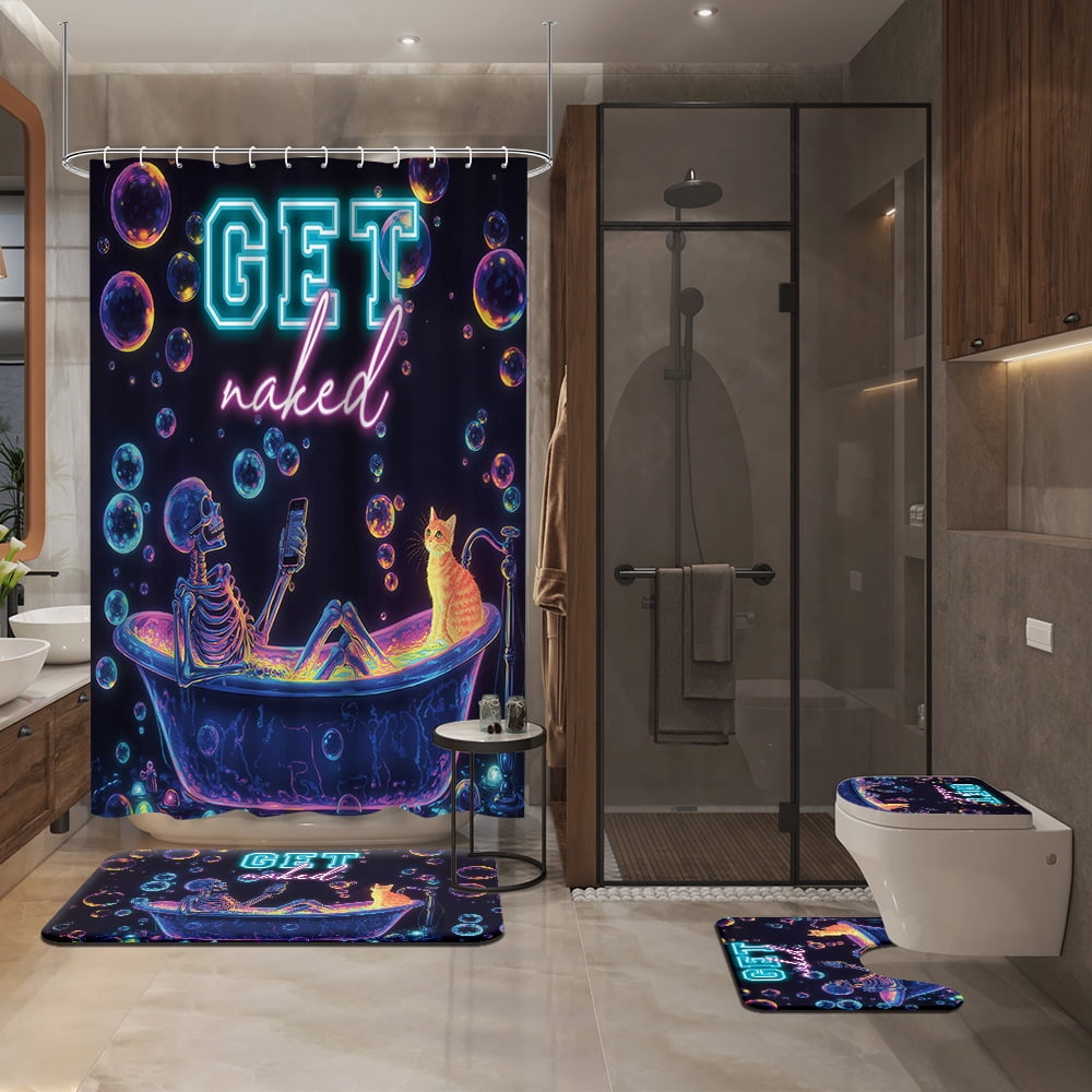 4pcs Neon Skull Shower Curtain Set Funny Skeleton in Bathtub with Cat Colorful Gothic Halloween Bathroom Decor