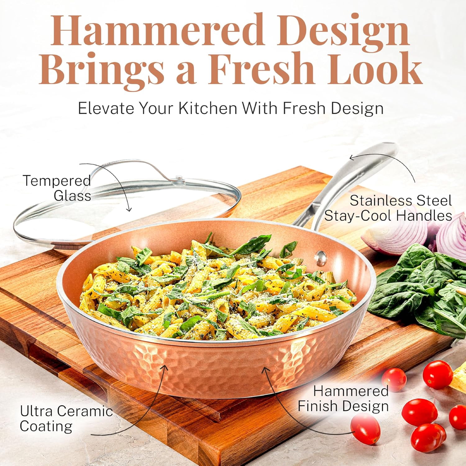 Gotham Steel Hammered 4 Quart Ceramic Frying Pan Non Stick with Lid, Nonstick Sauce Pan, Jumbo Cooker Cooking Pan Sauté Pan, Ceramic Family Pan, Frying Pans Nonstick with Lid, Copper