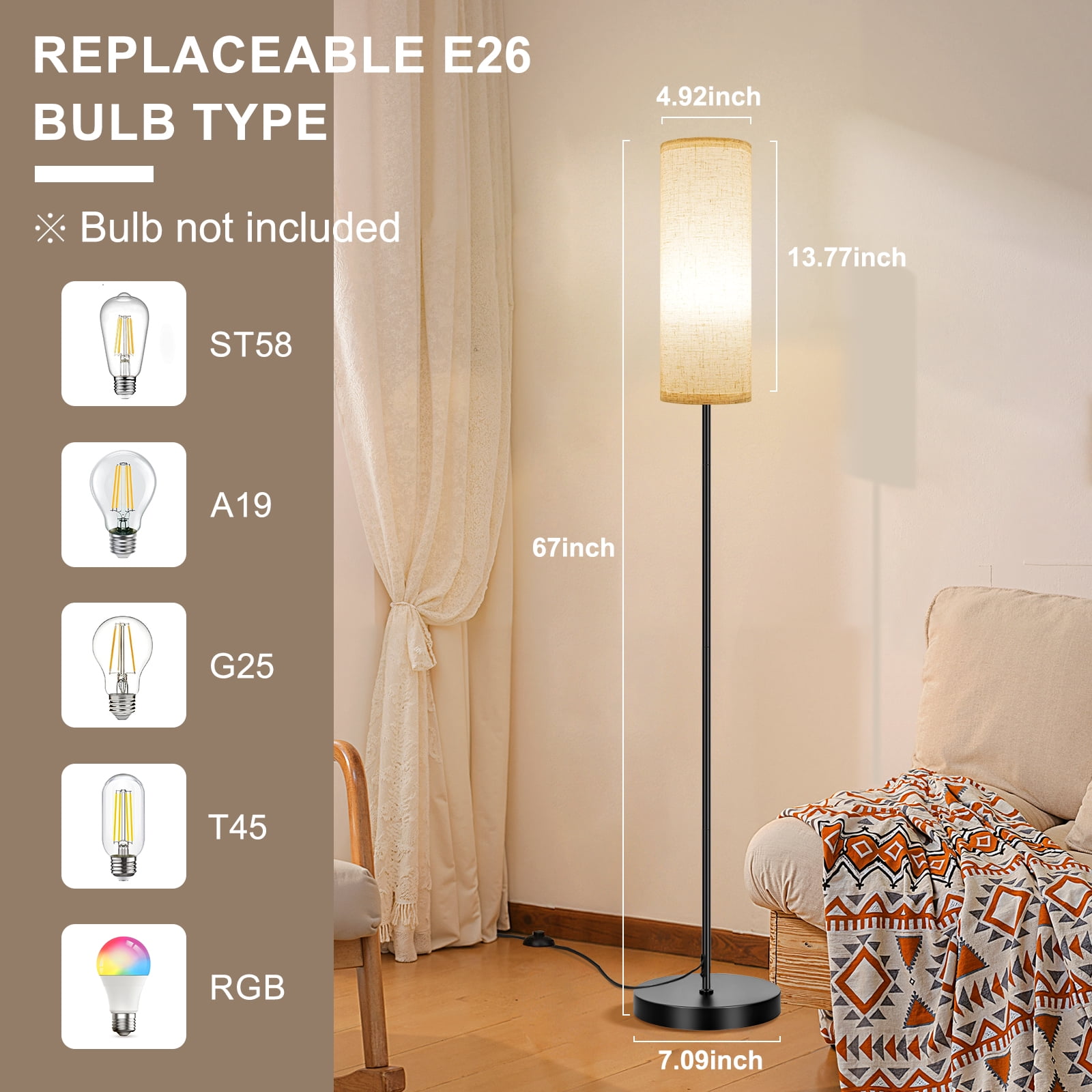 FRIDEKO HOME 67" Floor Lamp, Modern Standing Lamp with Beige Linen Shade, Black Pole with Foot Switch, Minimalist Corner Lamp for Living Room, Bedroom, Office (No Bulb / No Remote)