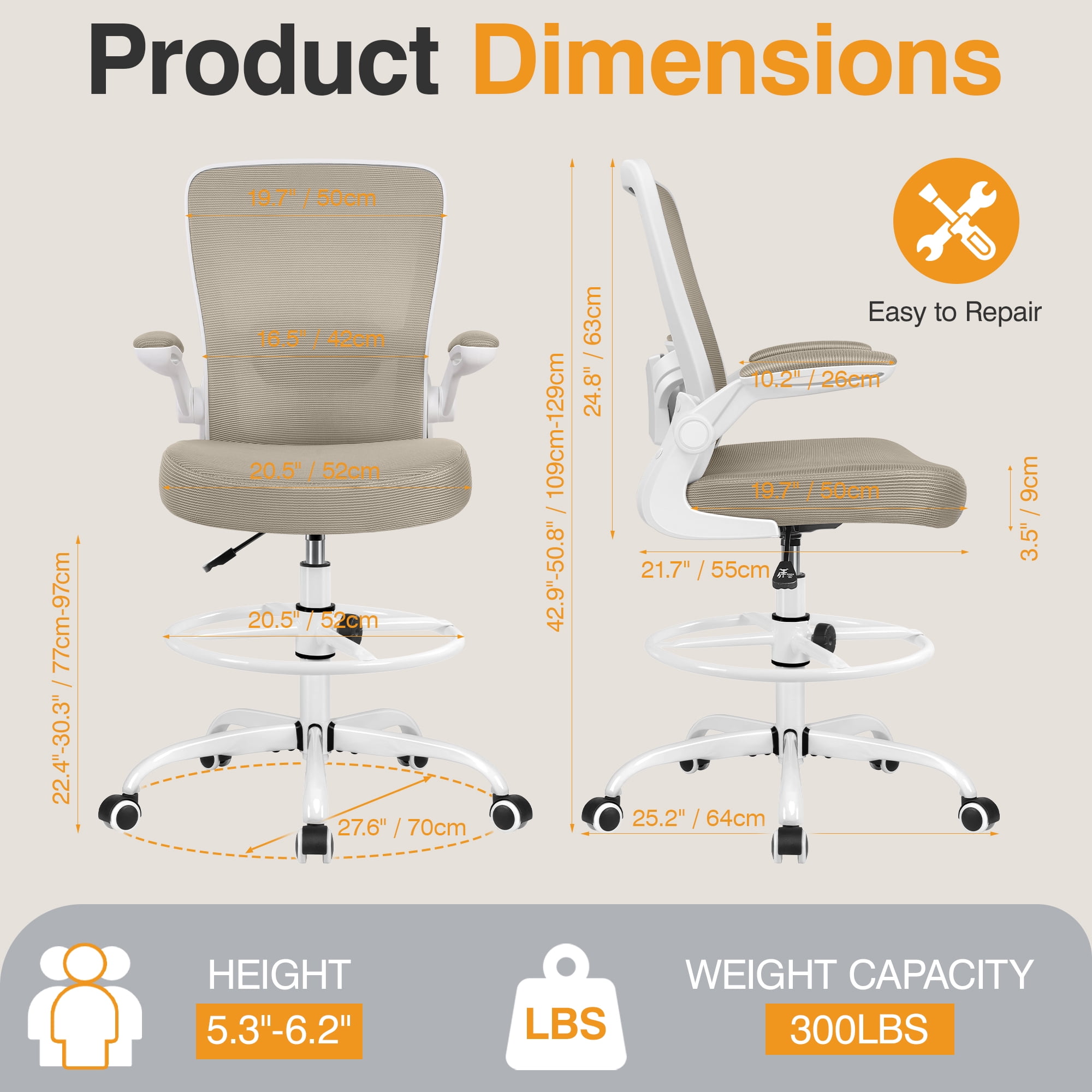 COOLHUT Home Office Chair with Flip-up Armrests for Standing Desk, Ergonomic Computer Office Desk Chair with Adjustable Foot Ring, Office Desk Chairs with Adjustab Lumbar Support, Khaki