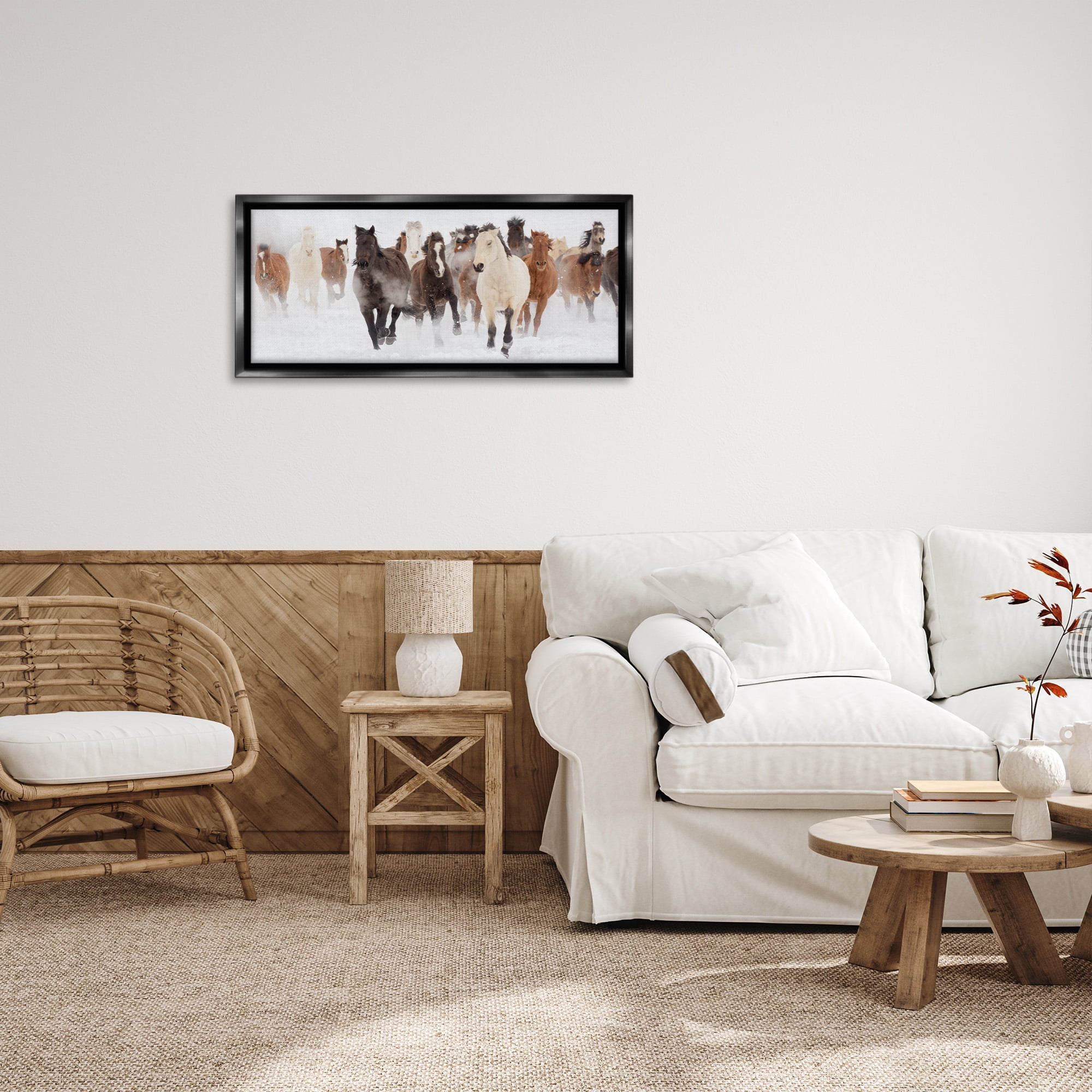 Stupell Industries Wild Horses Herd Foggy Winter Animals & Insects Painting Black Floater Framed Canvas Art Print Wall Art, 31 x 14