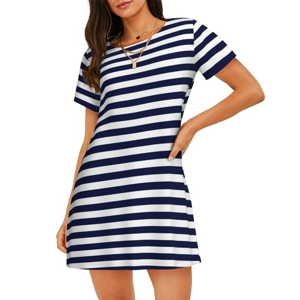 Balery Navy Blue And White Stripes Camisón de manga corta con cuello redondo para mujer, cómodo y elegante.