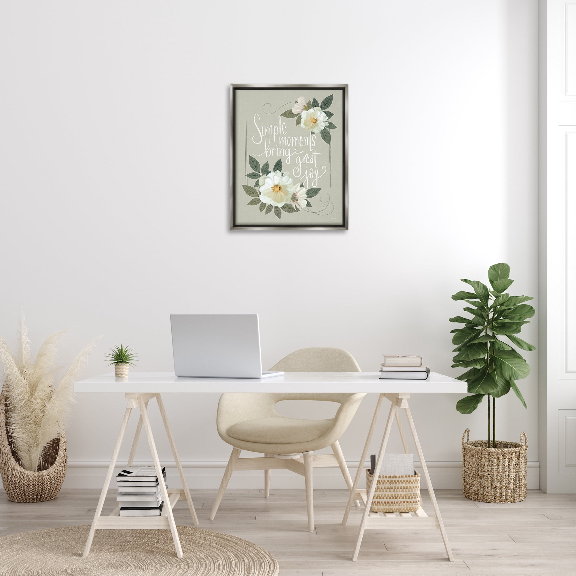 Stupell Industries Simple Moments & Blossoms Botanical & Floral Painting Gray Floater Framed Canvas Art Print Wall Art, 25 x 31
