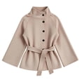 thumbnail image 4 of Miqool Women's Tweed Stand Collar Jacket Button Down Tie Waist Flare Long Sleeve Coat Trendy Casual Office Trench Coat, 4 of 8