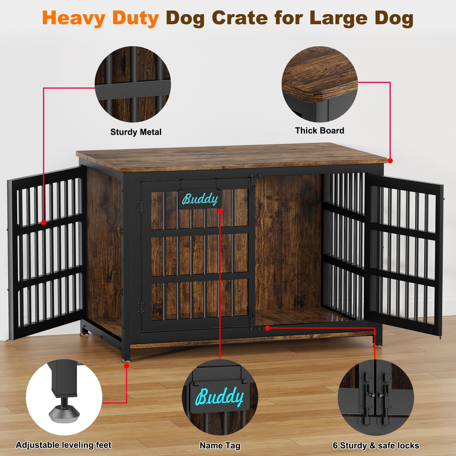 POAO 41"Heavy Duty Dog Crate Furniture with Name Tag,Chew Proof Prevent Escape for High Anxiety Dogs, Indoor Indestructible Dog Kennel ,Brown