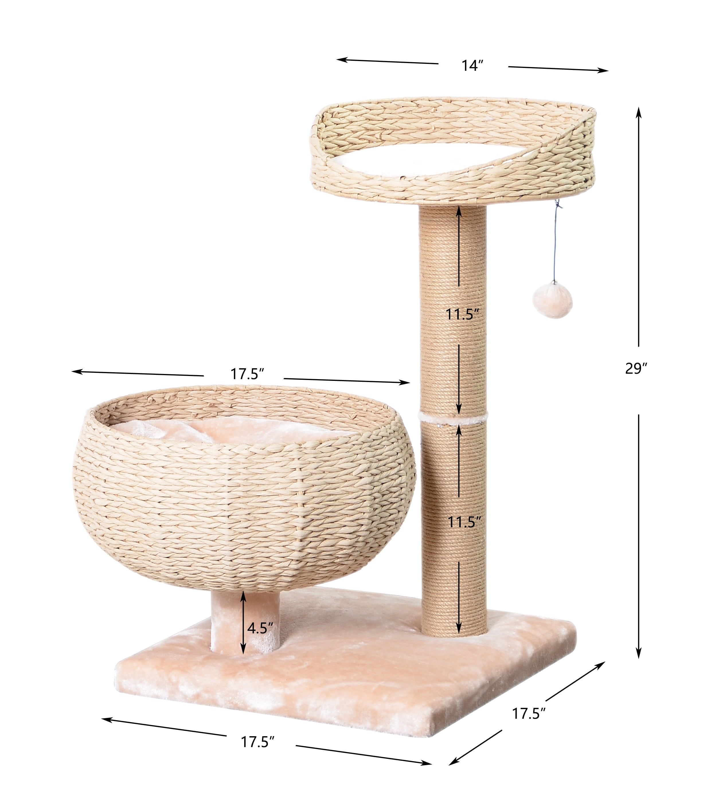PetPals 29"H 2-Lvl Cat Tree with Handwoven Basket Beds, Sisal Scratching Post, Washable Cushion