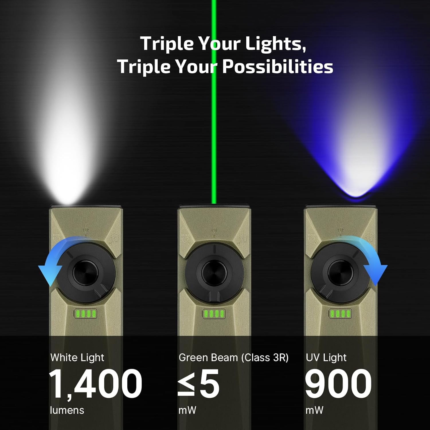 OLIGHT Arkfeld Ultra 1400 Lumens EDC Flat Flashlight, Rechargeable Compact Pocket Flash Light Combines White LED, UV and Green Beam, Triple Sources Perfect for Checking, Working (Olive-Green)
