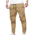 thumbnail image 2 of DODADAWANJ Men's Twill Cargo Pants Big and Tall Drawstring Elastic Waist Cargo Workout Pant Casual Elastic Bottom Joggers Pants with Multi Pockets Khaki L, 2 of 9