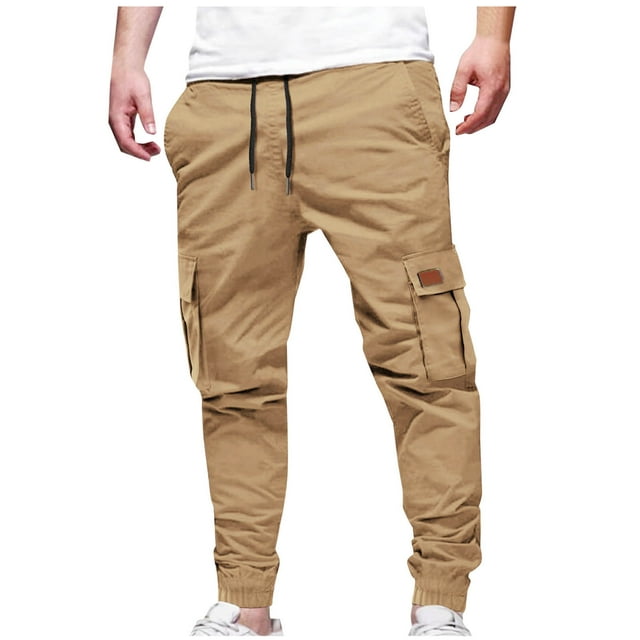 AherBiu Men Work Pants Drawstring Slim Fitted Hiking Cargo Joggers with Multi Pockets Elastic Waist Trousers