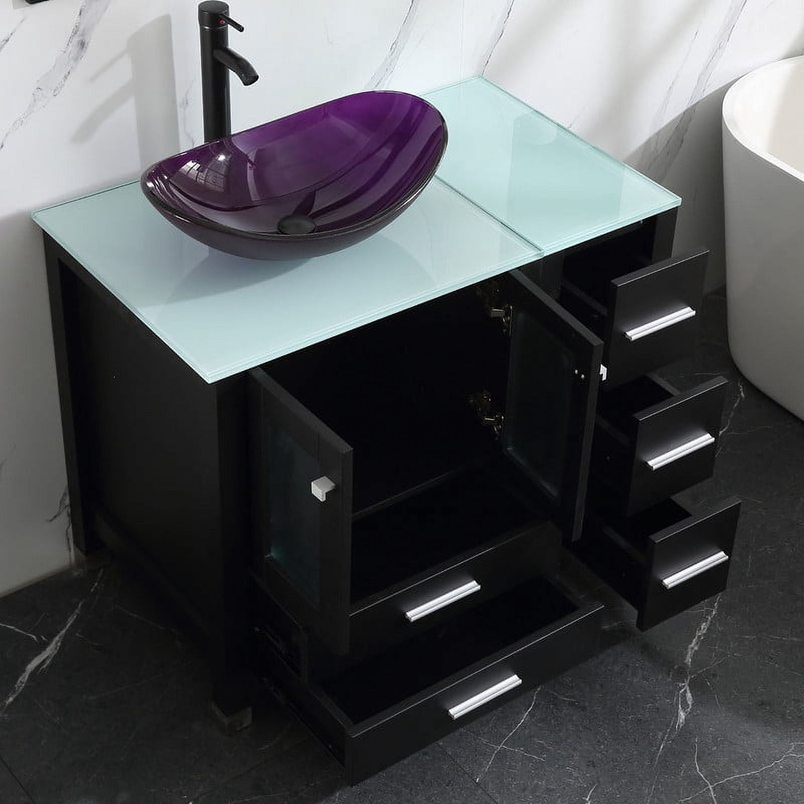 Walsport 36" Luxurious Bathroom Vanity with Purple Tempered Glass Vessel Sink Bowl and Countertop and Mirror and Faucet,Stand Floor Cabinet Bathroom Storage Vanity with Pop Up Drain,Black