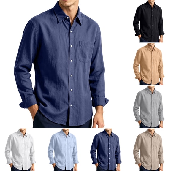 Men's Cotton Linen Button Down Shirts Stylish Casual Long Sleeve Tshirts Spring and Autumn Regular Fit Beach T-Shirts Navy S