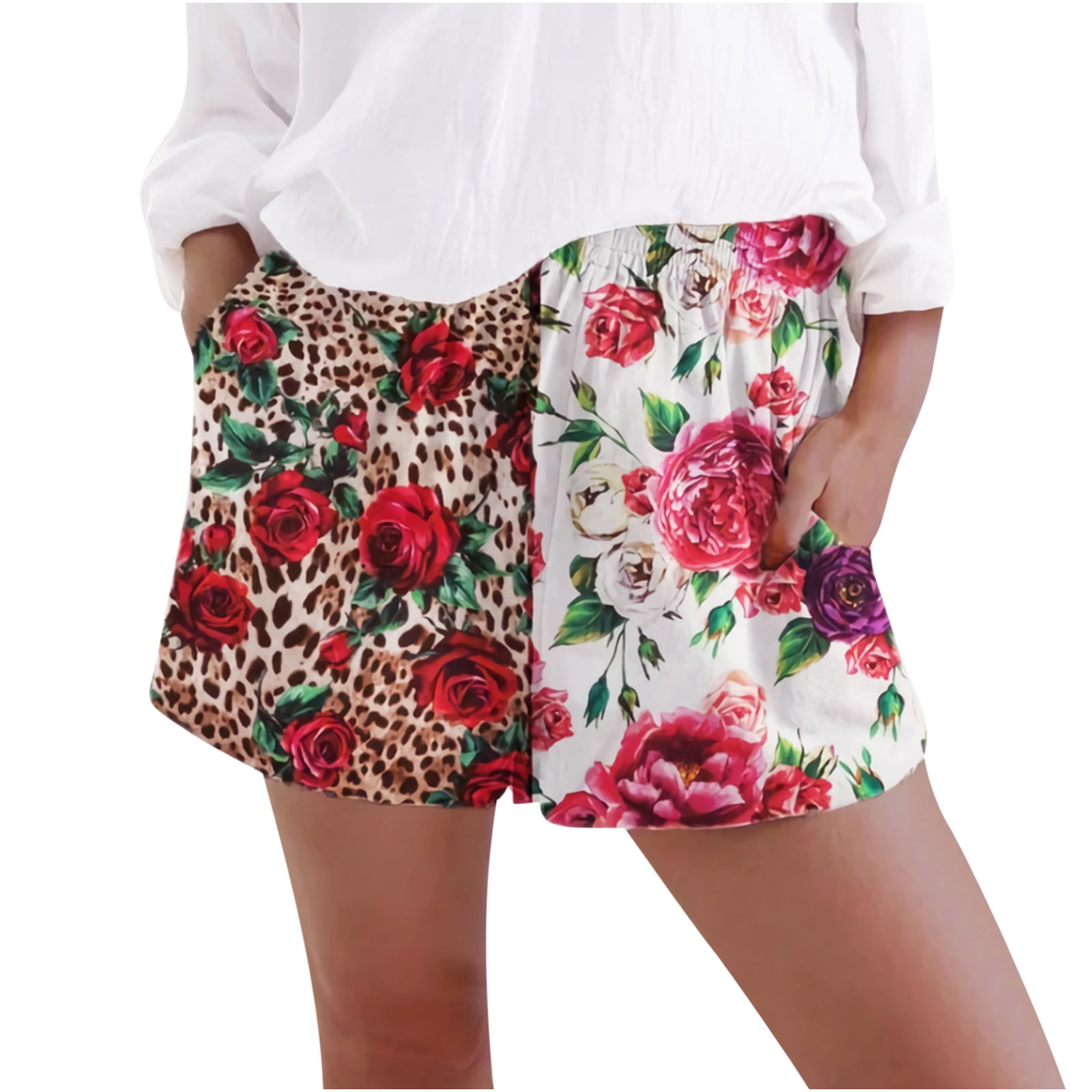 Women's Loose Shorts Leopard and Flower Patchwork Print Elastic Waist Shorts with Pockets Summer Casual Beach - Walmart.com