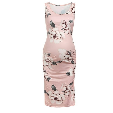 

MAWCLOS Women Summer Sleeveless Maternity Pregnancy Tank Dress Scoop Neck Mama Clothes Casual Bodycon Floral T Shirt Dress