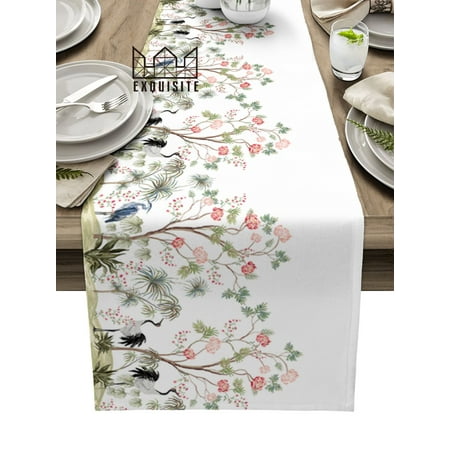 

China Style Crane Peach Tree Plant Palm Leaf Table Runner Wedding Dining Table Cover Cloth Placemat Napkin Home Kitchen Decor