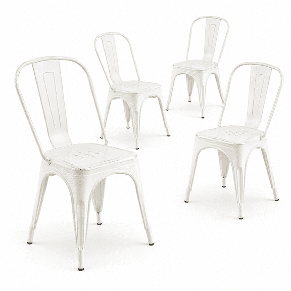 Metal Dining Chairs Set of 4, Stackable Chairs with Backrest, Indoor Outdoor, Distressed White
