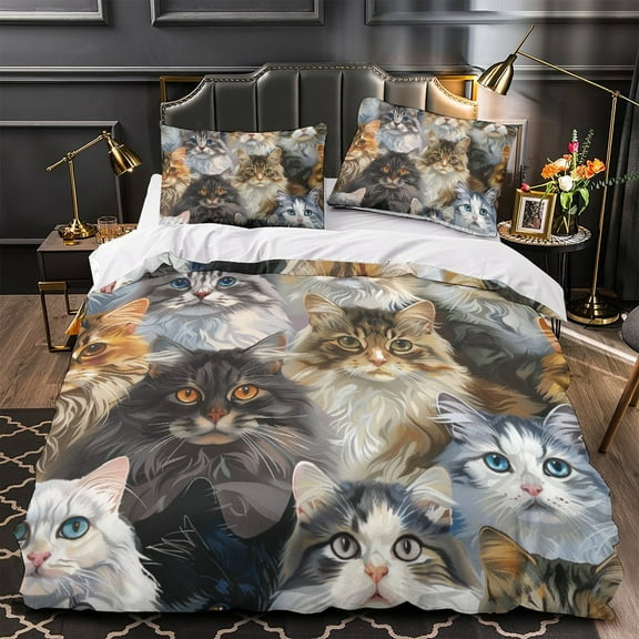 YJHDM 3D Cat Bedding Set Animal Quick Drying Luxury Down Duvet Cover Pillowcase 2/3pcs Twin/Full Bed