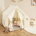 thumbnail image 3 of Laicejoy 6-in-1 Kids Play Tent,Large Play Tent with Wooden Frame & Curtains,  Montessori Style Indoor Playhouse w/ Blackboard, Table, Chair, Storage Bin & Floor Mat, 3 of 8