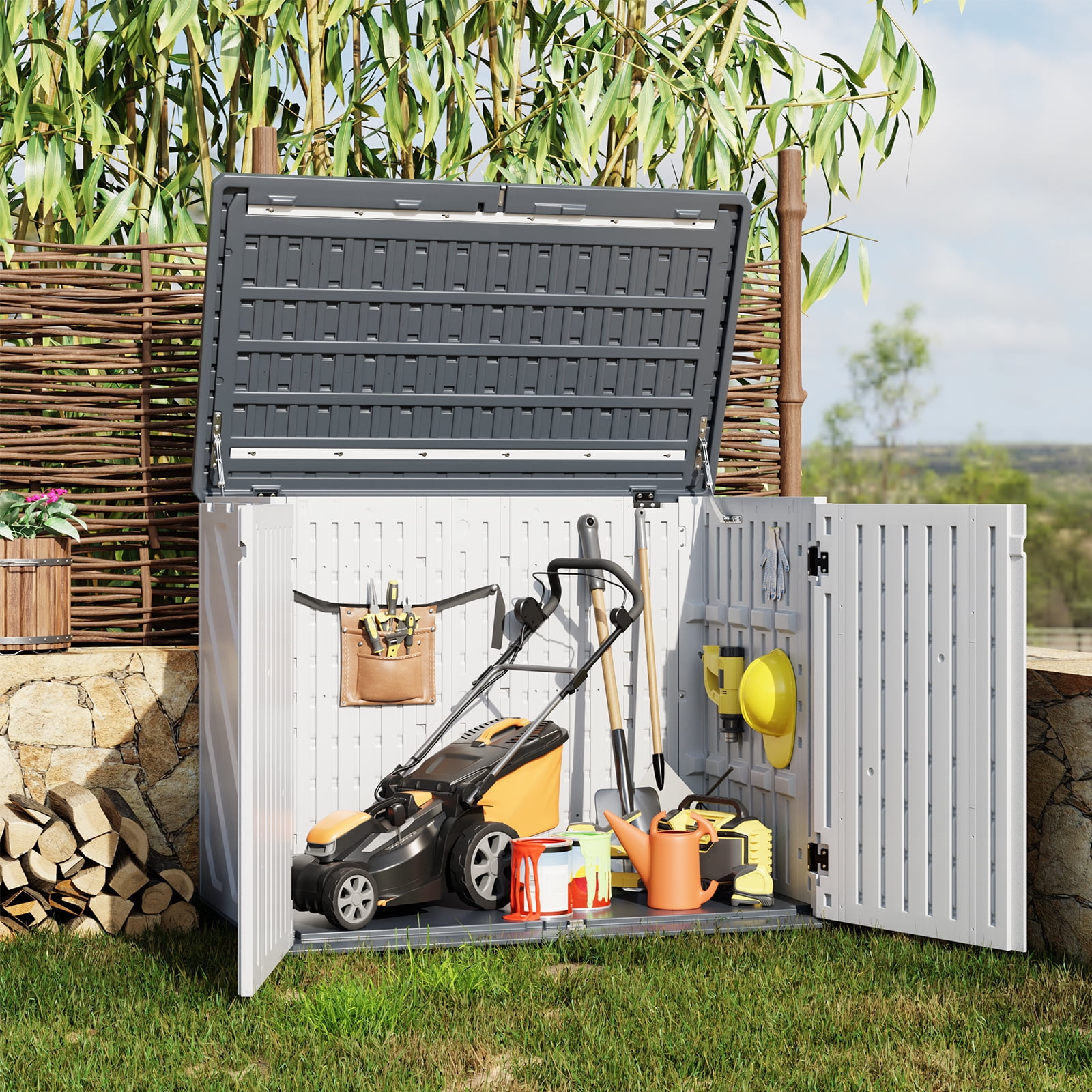 Outdoor Resin Storage Shed, 35 Cu.Ft Trash Can Storage Box with Lockable Door, Horizontal Outdoor Storage Cabinet for Garbage Cans, Garden Tools