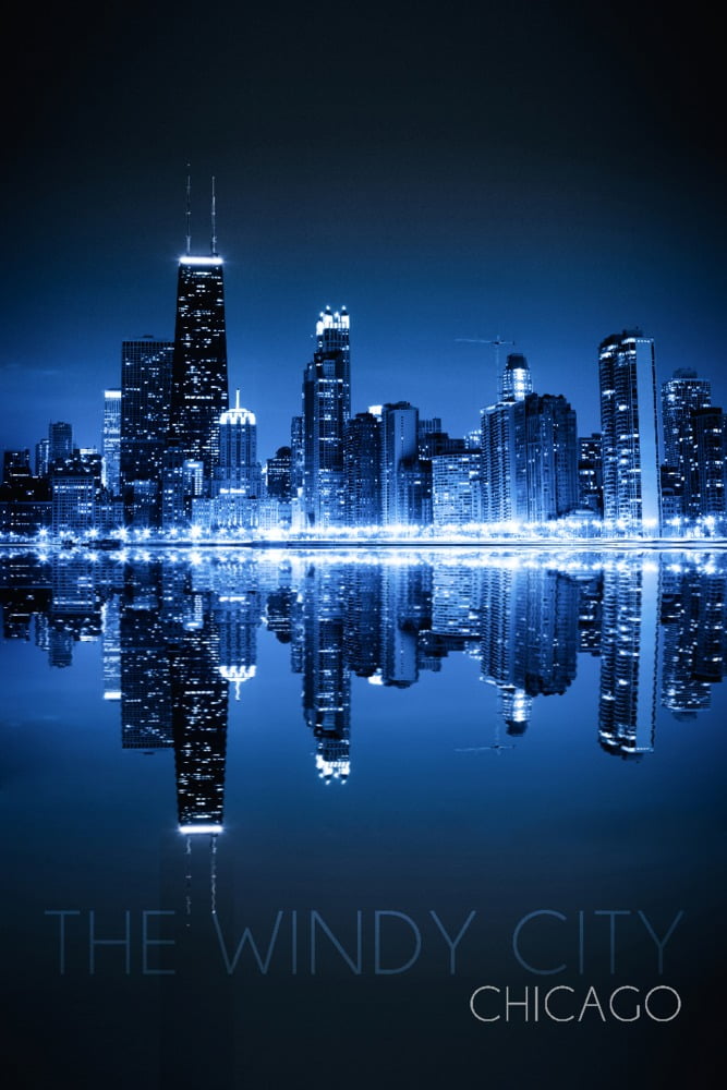 Chicago, Illinois, The Windy City, Skyline at Night (12x18 Wall Art