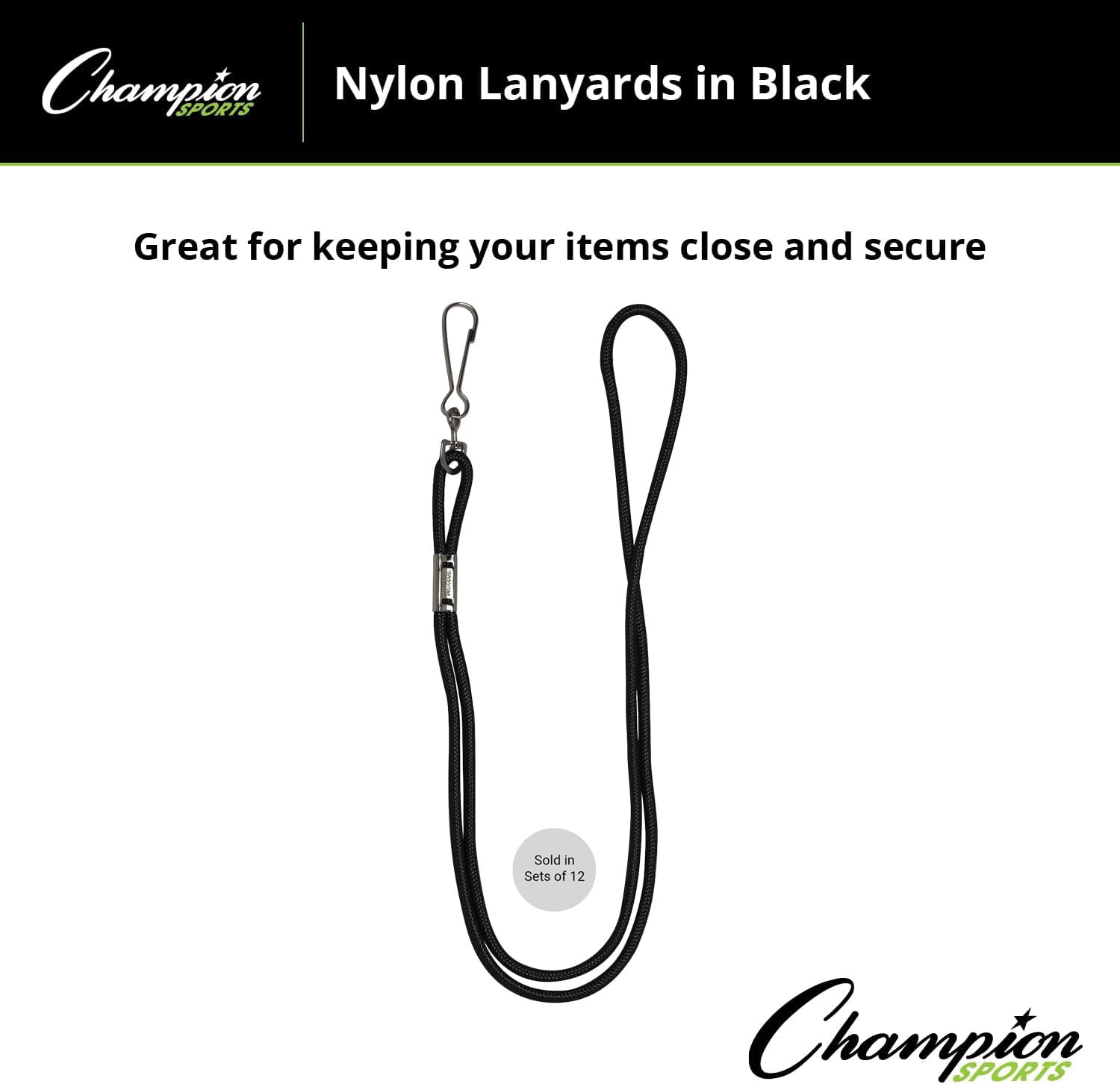 Champion Sports Nylon Lanyards with J-Hook Clip, Black, 22 Inch