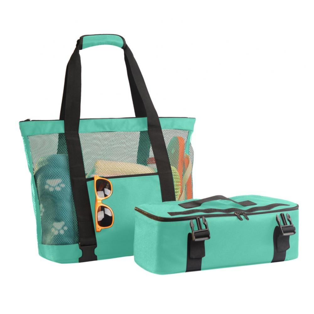 Mesh Beach Tote Bag with Insulated Picnic Cooler Top Zipper Shoulder Bag 