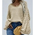 thumbnail image 5 of Womens Loose Crewneck Long Sleeve Stripped Off the Shoulder Knitted Solid Pullover Fall Jumper Tops Yellow Apricot XL, 5 of 7