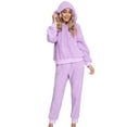 thumbnail image 3 of Defitshape Women's Sherpa Fleece Pajama Set Plain 2 Piece Hoodie Joggers Sweat Outfit Soft Sweatsuit Cozy Long Sleeve Shirt Pants Set Fall Spring Pjs Loungewear Lounge Set Purple Large, 3 of 5