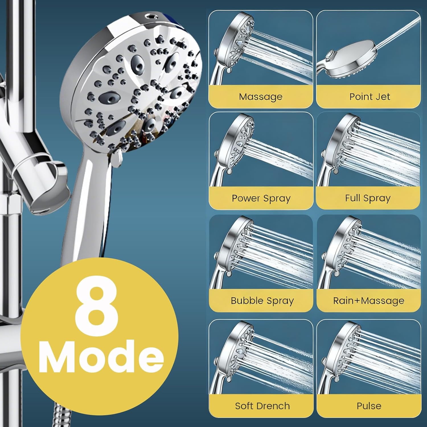 ROSYNEY 12 Inch Rain Shower Head with 8-Setting Handheld Spray Combo, Metal Height Adjustable Shower Arm, Slide Bar with Holder, Stainless Steel Hose, Chrome