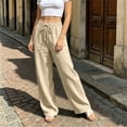 thumbnail image 4 of ZHYou No Boundarie Linen Pants for Women Wide Leg Drawstring Stretchy Waist Casual Loose Fit Lightweight Trousers with Pockets,Khaki,Size M, 4 of 6