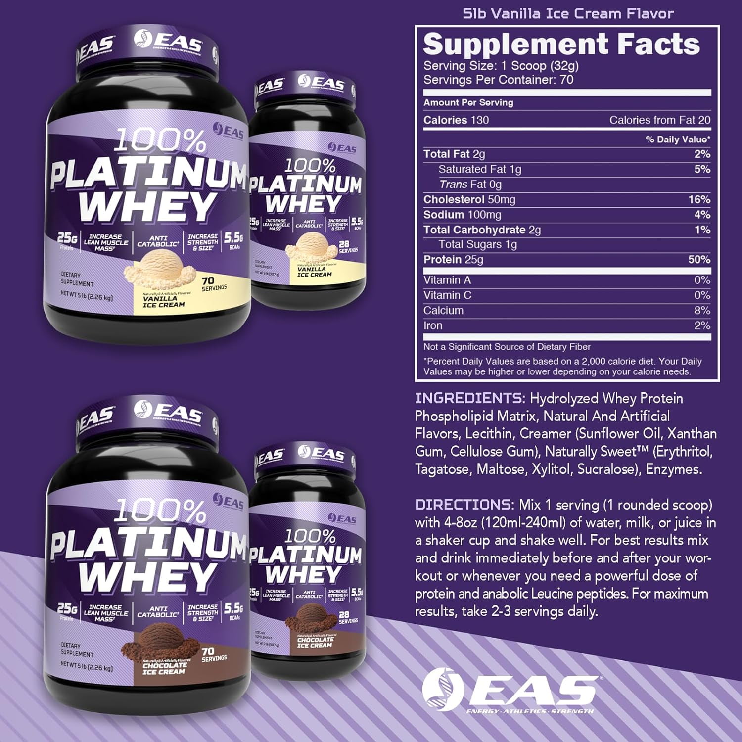 EAS 100% Platinum Whey Powder - 25g Protein, Anti Catabolic, 5.5g BCAAs - 5lb Strawberry Ice Cream