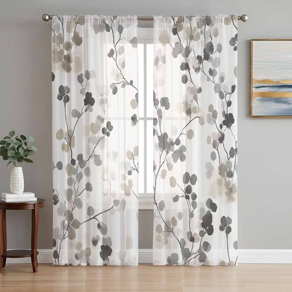 Gray Botanical Sheer Curtains 84 Inch Length 2 Panels Set, Watercolor Spring Summer Floral Leaves Voile Window Treatment Rod Pocket Curtains Sheers Drapes for Bedroom/Living Room/Kitchen 52"x84"x2