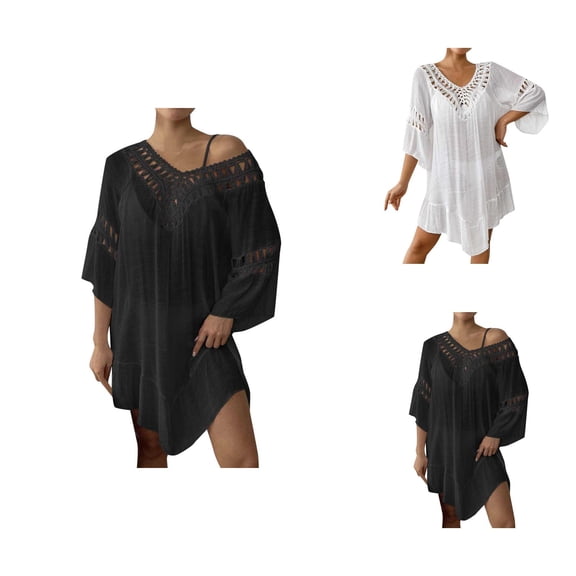 Swimsuit Coverup for Women 3/4 Sleeve V Neck Backless Crochet Loose Knee Length Dress Beach Cover Up Bathing Suit Dress