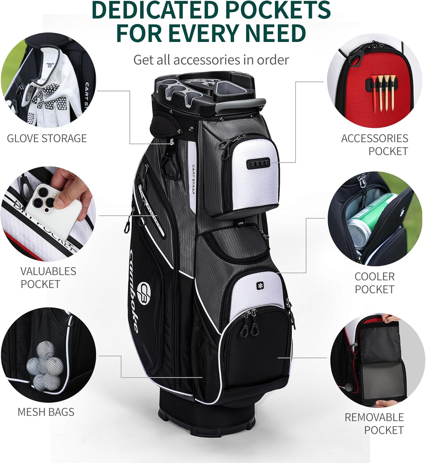 Silent Golf Cart Bag, Molded Lock Top Bag with 14-Way Full-Length Dividers Large Capacity Cooler Pocket Padded Strap Golf Club Bag with Rain Hood for Trolley Players,Grey