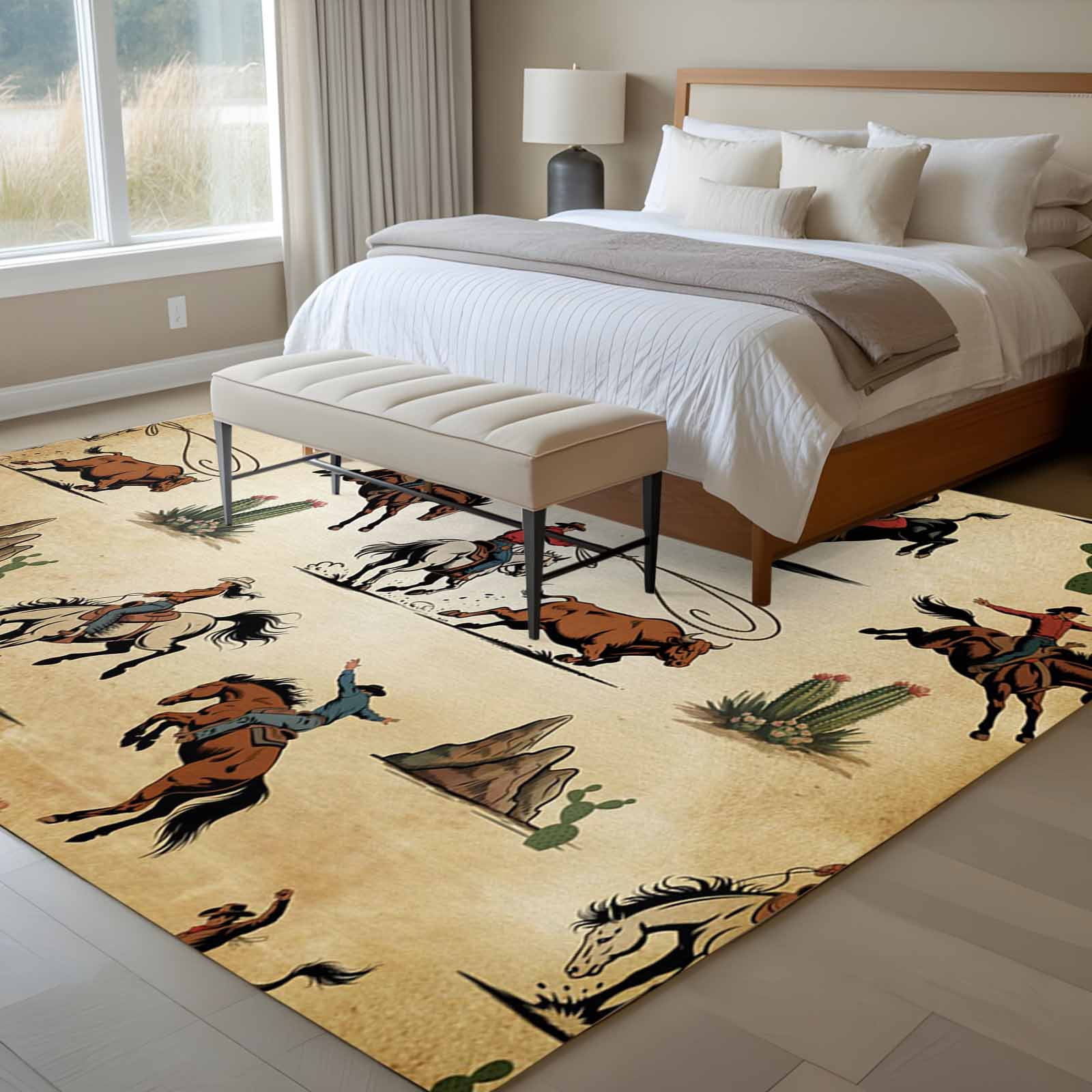Large Area Rugs for Living Room Bedroom, Western Cowboys 5'x8' Rug Washable Carpet Runner Indoor Outdoor, Brown Vintage Country Cactus Non Slip Floor Mats Rug for Kitchen, Bathroom